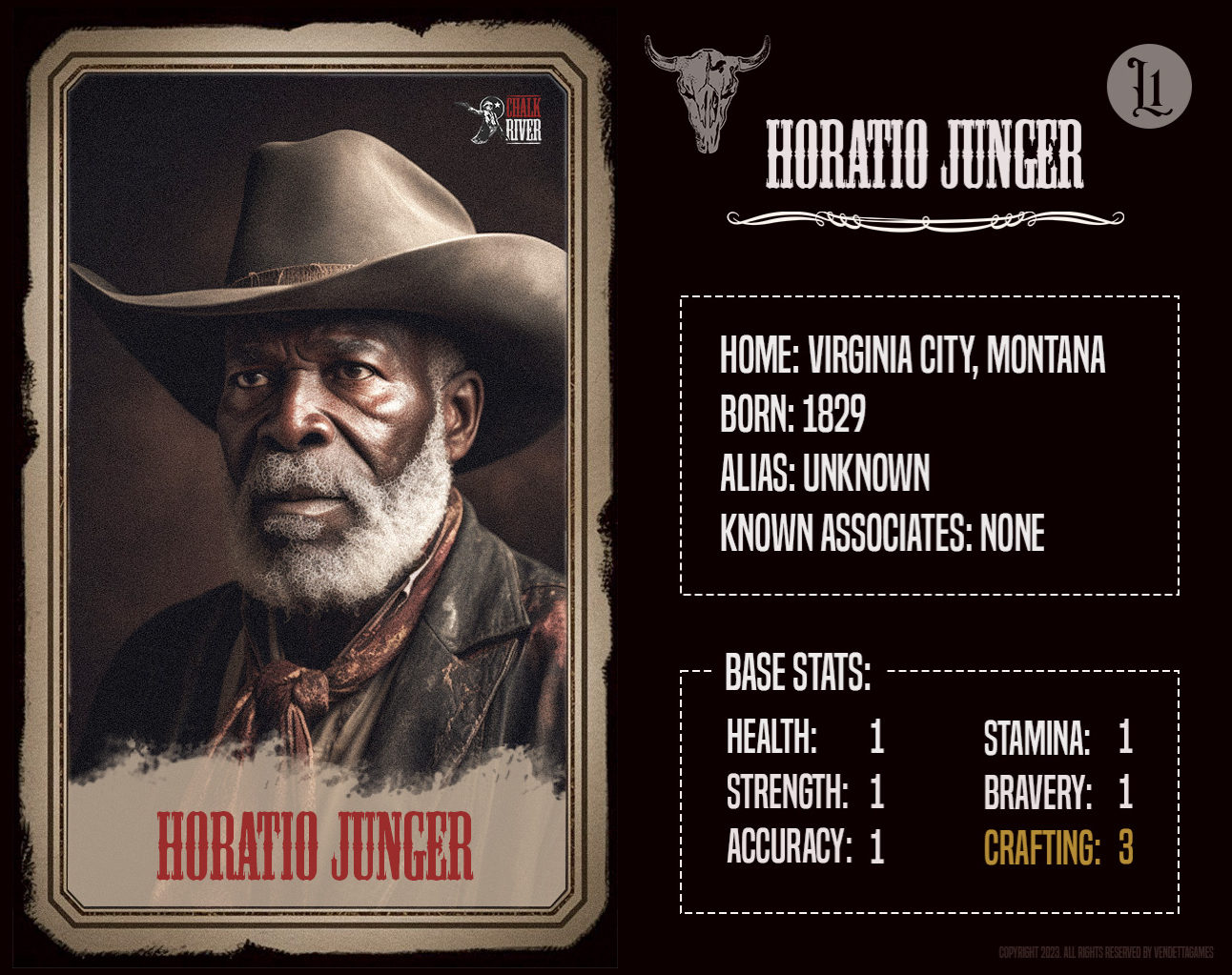Character card showing Horatio Junger, an elderly Black man with gray beard wearing a cowboy hat. Stats and background information list his home as Virginia City, Montana.