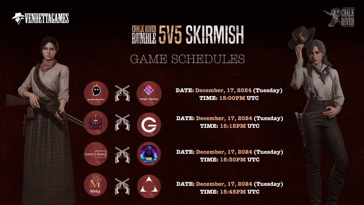 Game schedule showing four match times on December 17th between competing teams, flanked by two character illustrations.