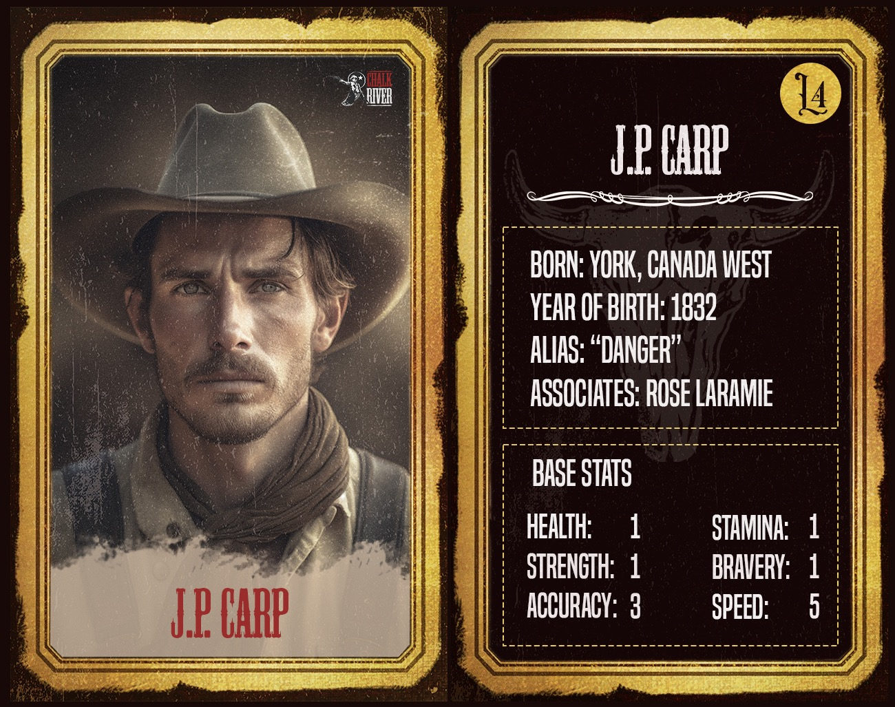 Character card showing J.P. Carp, a young white man with mustache and cowboy hat. Stats show he was born in York, Canada West in 1852 and has high speed and accuracy attributes.