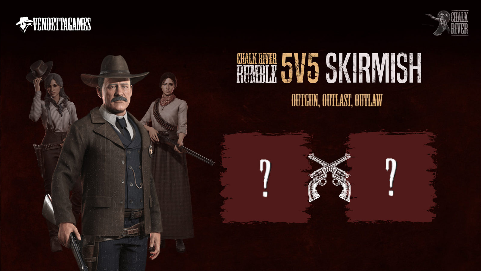 Chalk River Rumble promotional banner showing three Western characters - a lawman in a suit and two armed women - alongside the '5V5 SKIRMISH' text and crossed revolvers logo, with question marks suggesting mystery participants.