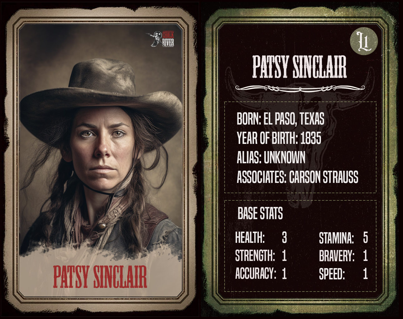 Character card showing Patsy Sinclair, a woman in a cowboy hat with intense expression and dark flowing hair. Stats indicate she was born in El Paso, Texas in 1855 and has high stamina attributes.