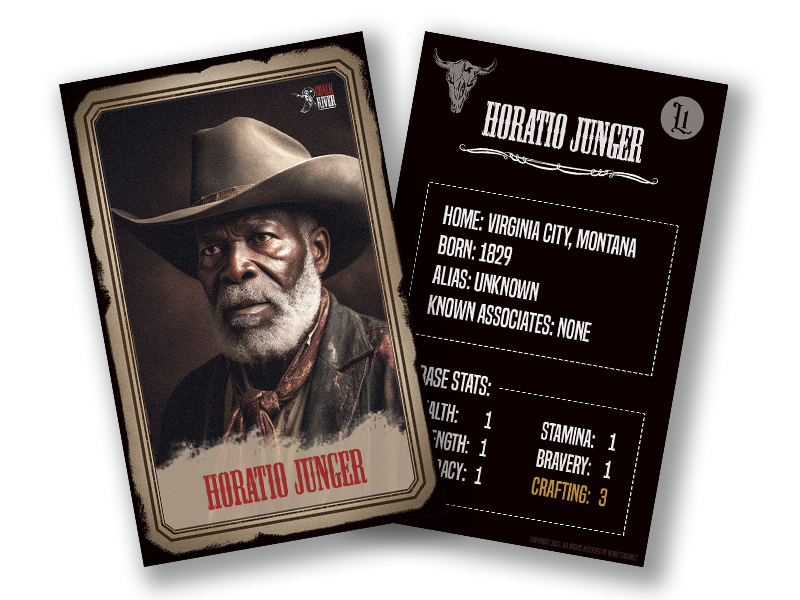 A Horatio Junger character card beside its stat sheet