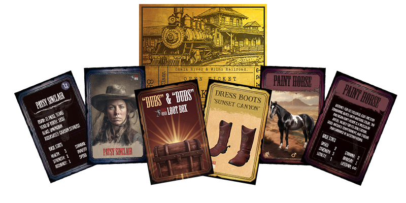 A fan of Chalk River cards: characters, boots, horses and a railway deed