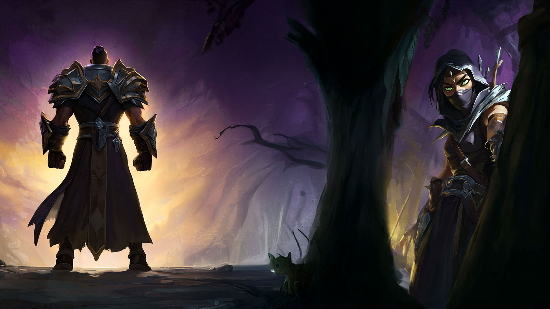 Two armoured figures facing each other across a mist-filled wood