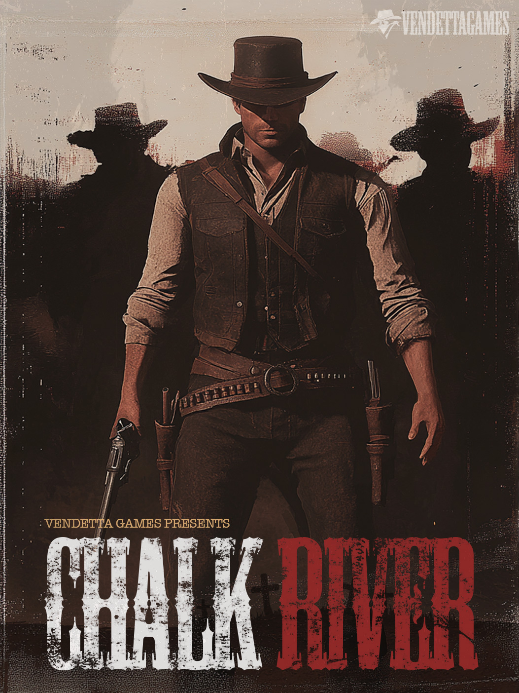 Chalk River key art: a gunslinger flanked by two silhouetted outlaws