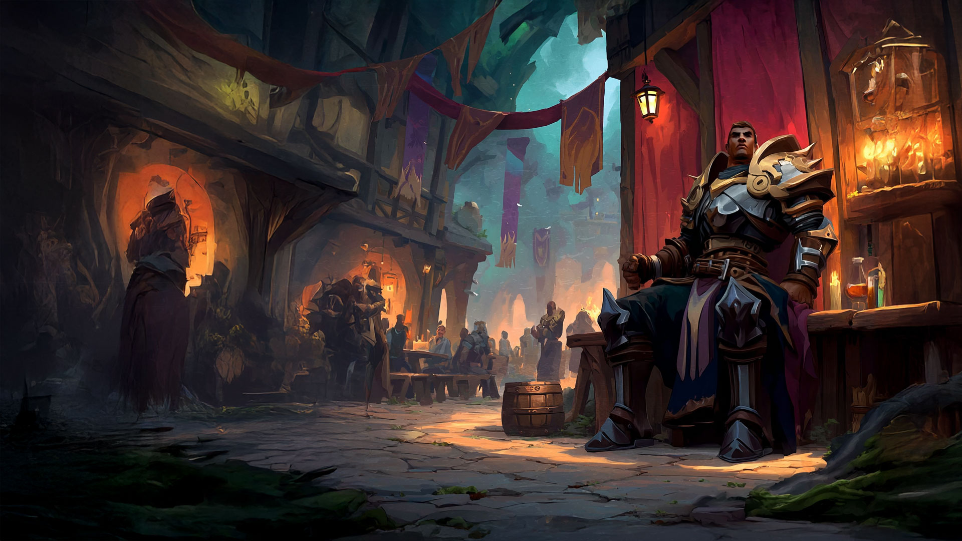 A crowded underground tavern lit by lanterns