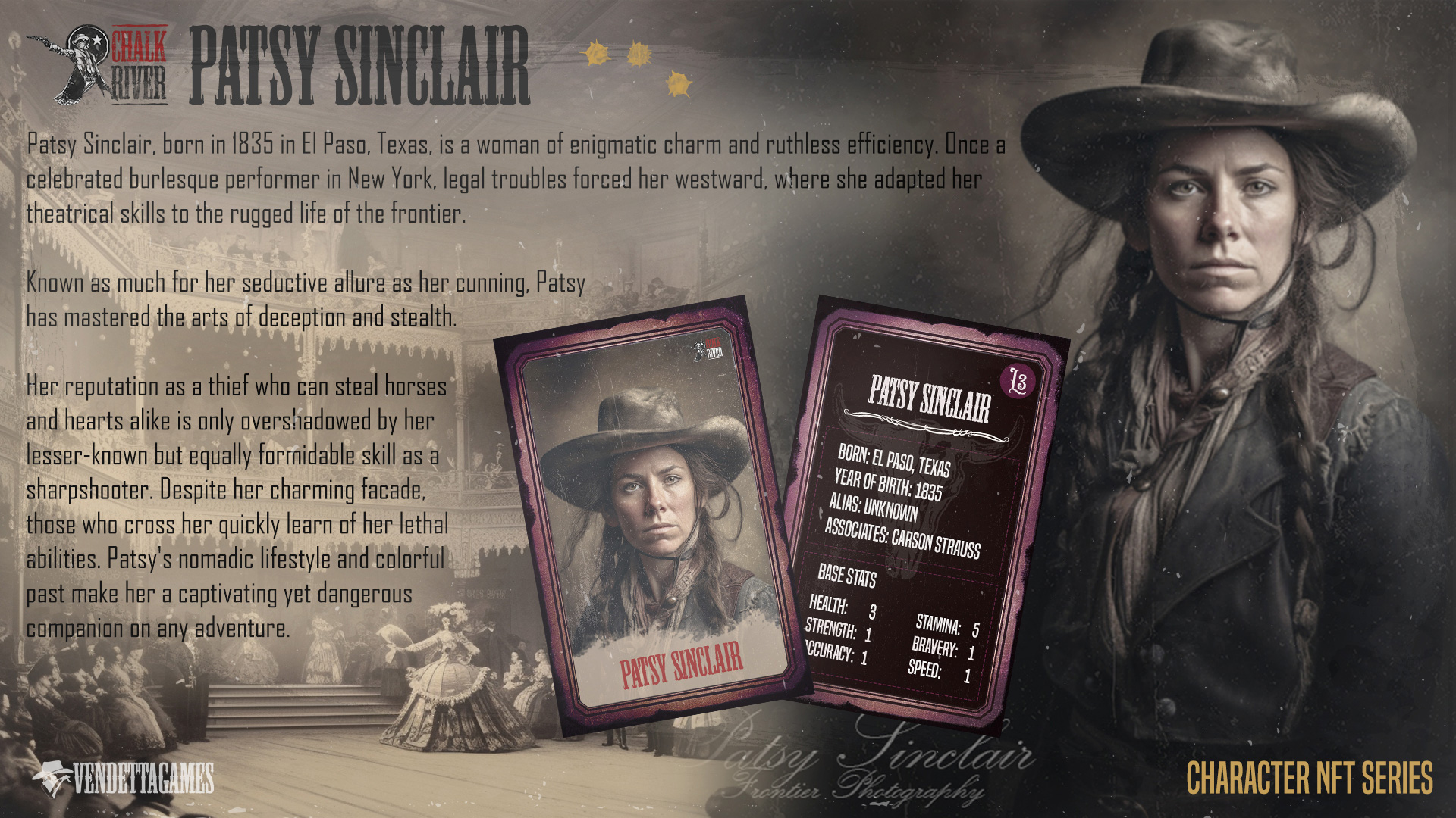 Patsy Sinclair's character card and written backstory