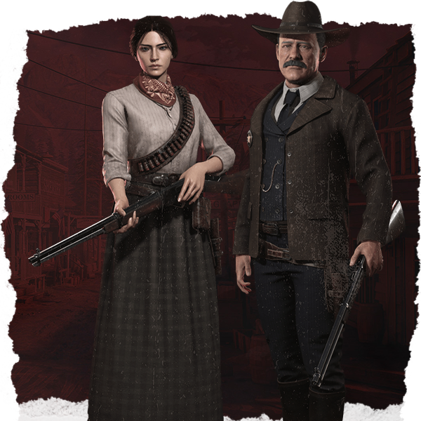 Two characters with rifles outside a frontier building