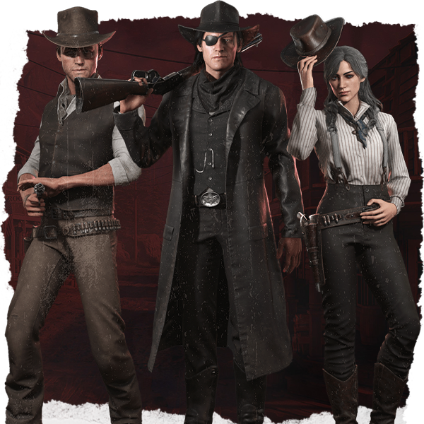 Three Chalk River characters in coats and hats, drawn weapons
