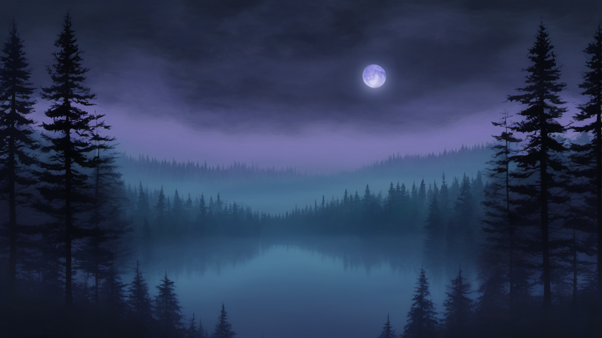 The Longwake: a moonlit forest under drifting mist