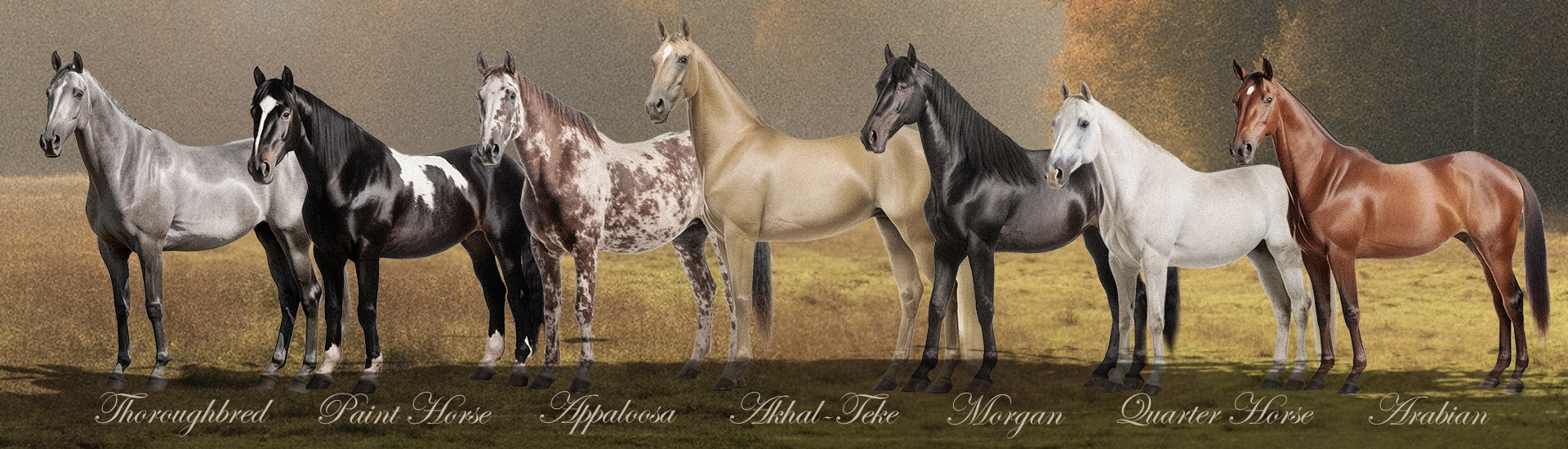 The seven Genesis Steeds breeds: Thoroughbred, Paint Horse, Appaloosa, Akhal-Teke, Morgan and Quarter Horse